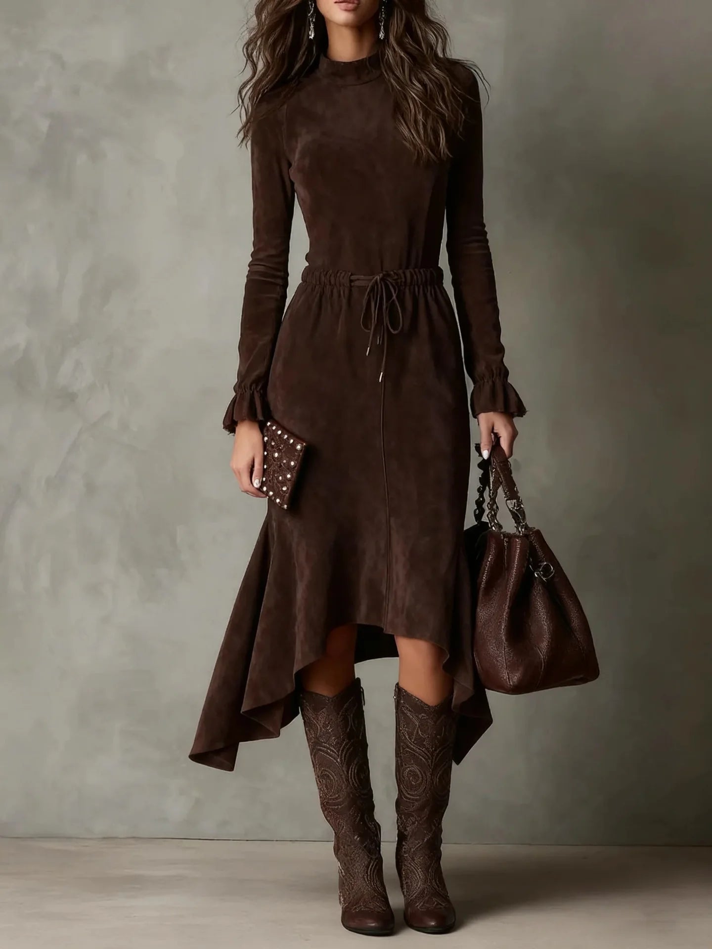 Long Dress for Women Solid Suede Long Sleeves Round Neck Maxi Dress Tie Elastic Waist Temperament Elegant High Street Dresses