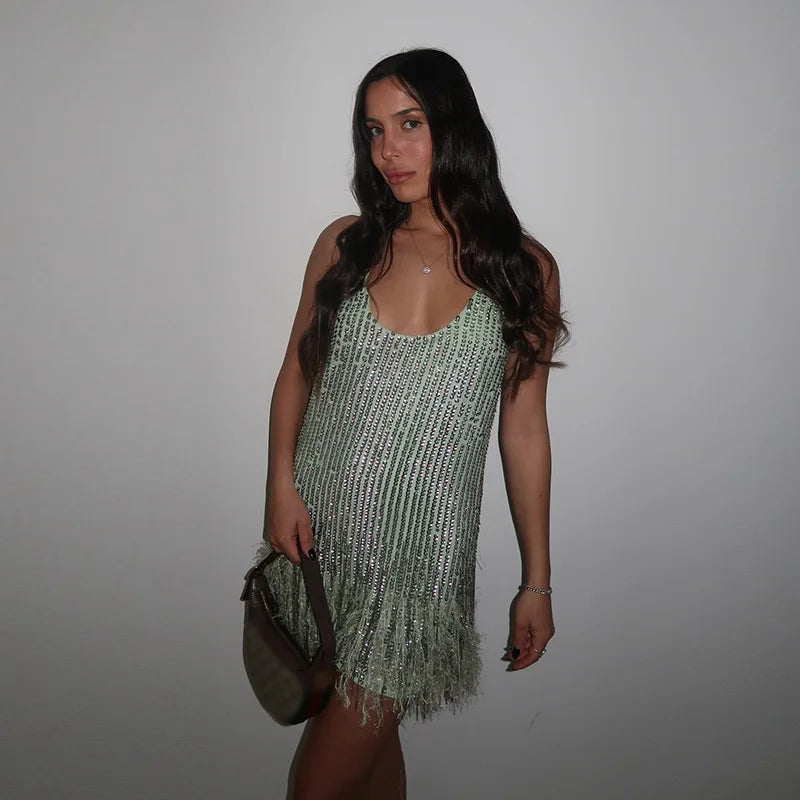 Sexy Sequin Tassel Mini Dress Women Sleeveless O-neck Feather Female Party Dresses 2025 Summer New Vacation Beach Lady Ball Gown