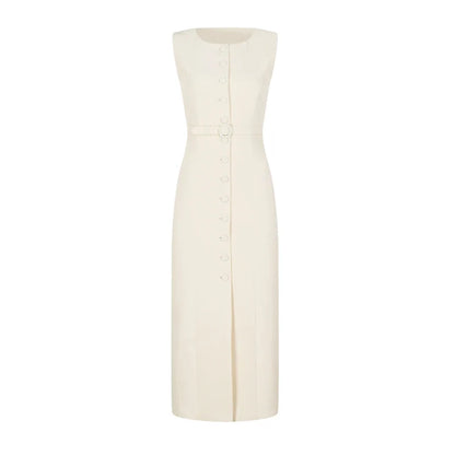 Women Long Dress Summer Casual Simple Solid Sleeveless Round Neck Single Breasted Dresses Nipped Waist Lace Up Robe Office