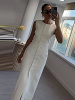 Women Long Dress Summer Casual Simple Solid Sleeveless Round Neck Single Breasted Dresses Nipped Waist Lace Up Robe Office