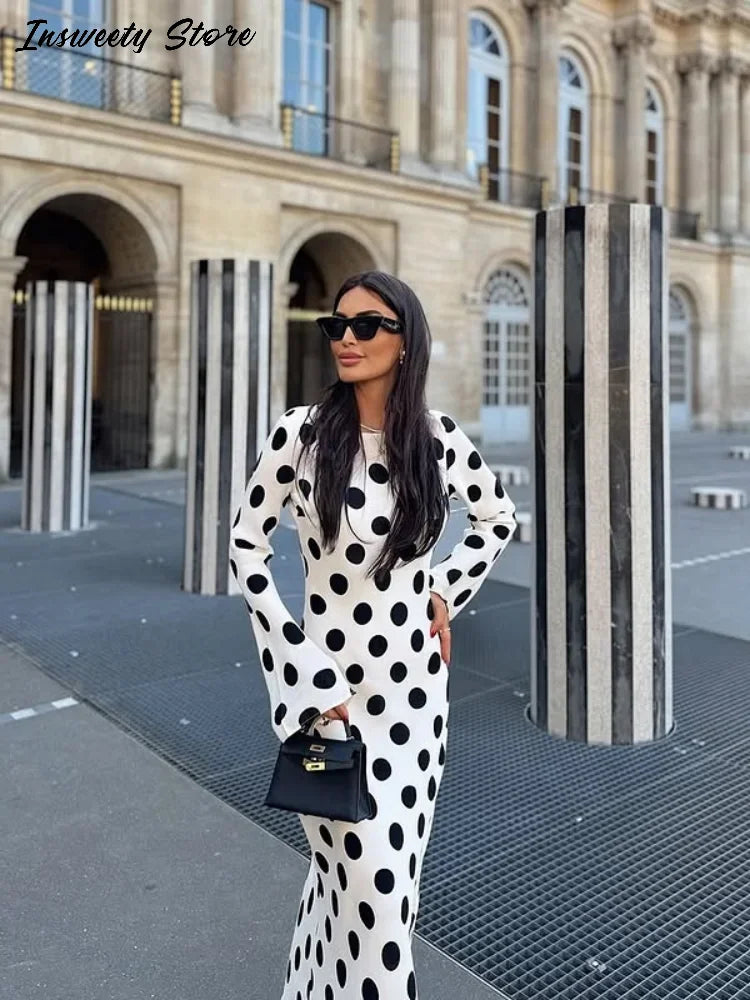 Fashion Polka Dot Dress Women's Slim Long Sleeve O-neck High-Waisted Floor-Length Dresses 2026 Spring Summer New Bohemian Robe