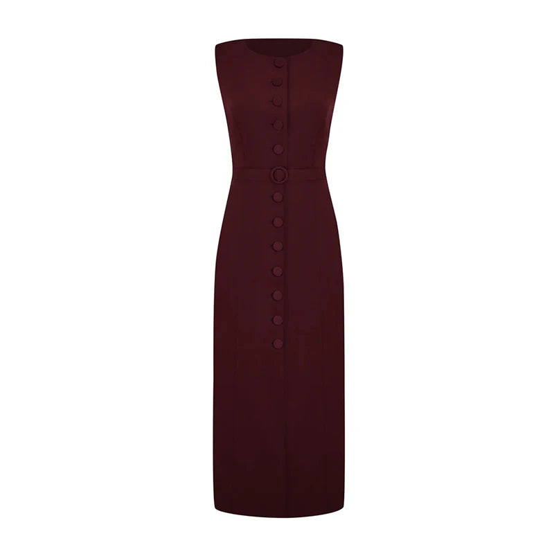 Women Long Dress Summer Casual Simple Solid Sleeveless Round Neck Single Breasted Dresses Nipped Waist Lace Up Robe Office