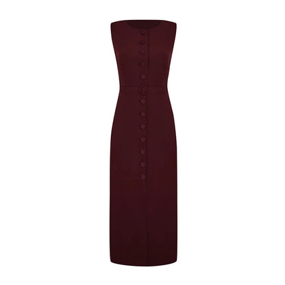 Women Long Dress Summer Casual Simple Solid Sleeveless Round Neck Single Breasted Dresses Nipped Waist Lace Up Robe Office