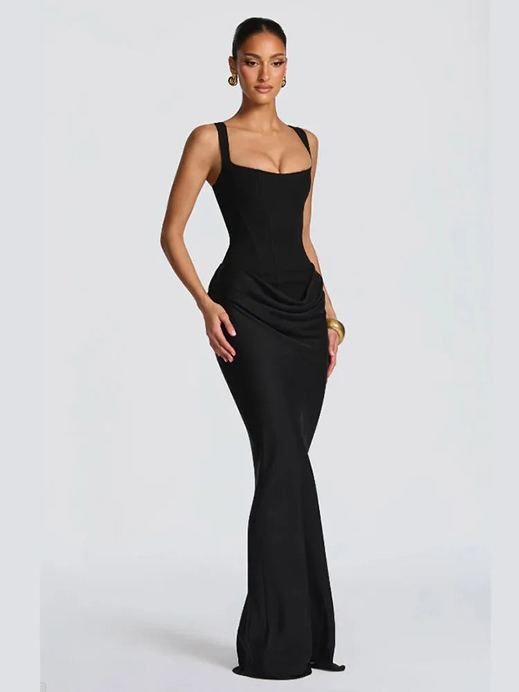 Women Solid Pleated Sling Sleeveless Dress Off-shoulder Waist Cinching Square Neck Slim Dresses Summer Evening Party Gowns 2026
