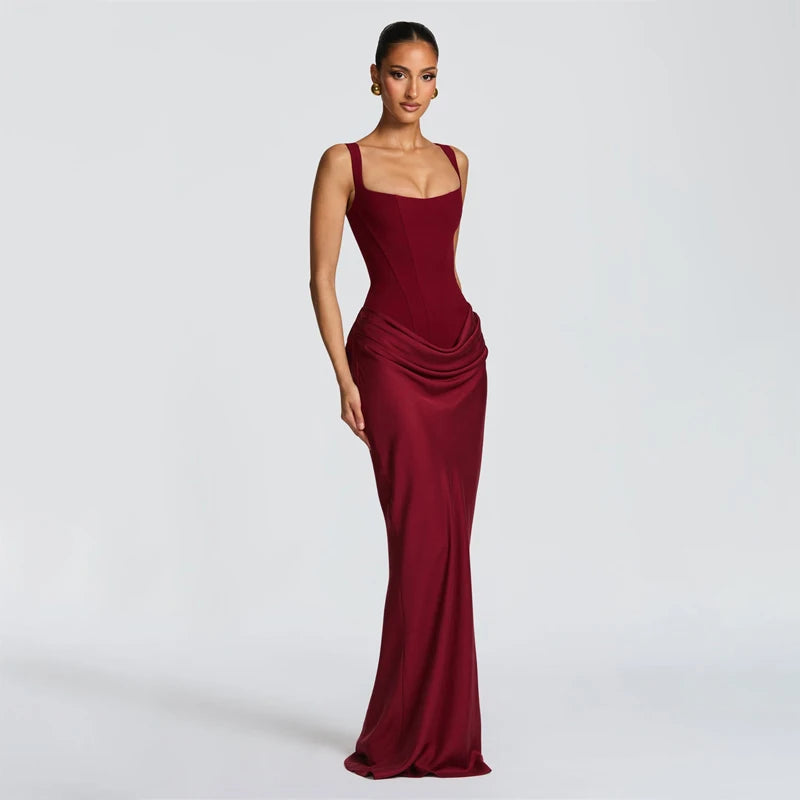 Women Solid Pleated Sling Sleeveless Dress Off-shoulder Waist Cinching Square Neck Slim Dresses Summer Evening Party Gowns 2026