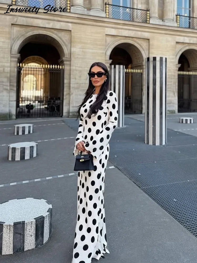 Fashion Polka Dot Dress Women's Slim Long Sleeve O-neck High-Waisted Floor-Length Dresses 2026 Spring Summer New Bohemian Robe