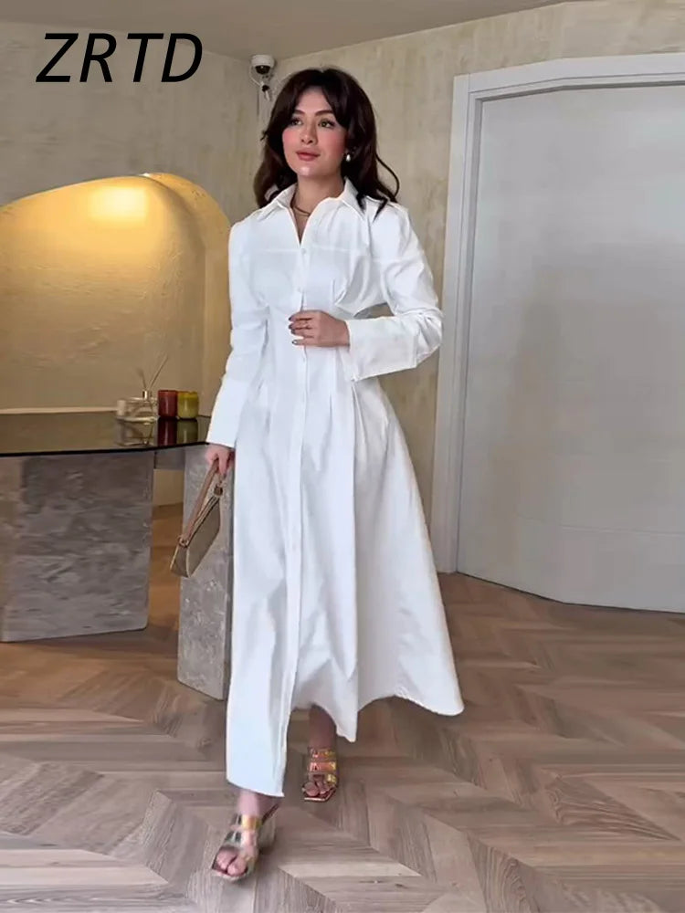 Elegant Single Breasted Long Dress Women Slim Waist Lapel Full Sleeve A-line Party Dresses 2025 Summer Lady Solid Holiday Robes