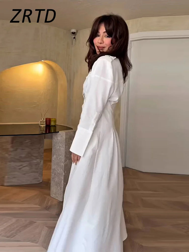 Elegant Single Breasted Long Dress Women Slim Waist Lapel Full Sleeve A-line Party Dresses 2025 Summer Lady Solid Holiday Robes