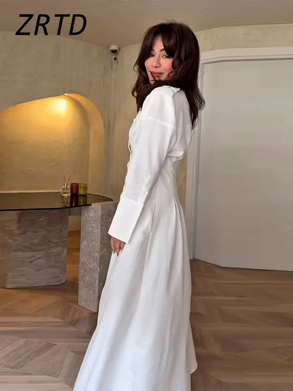 Elegant Single Breasted Long Dress Women Slim Waist Lapel Full Sleeve A-line Party Dresses 2025 Summer Lady Solid Holiday Robes