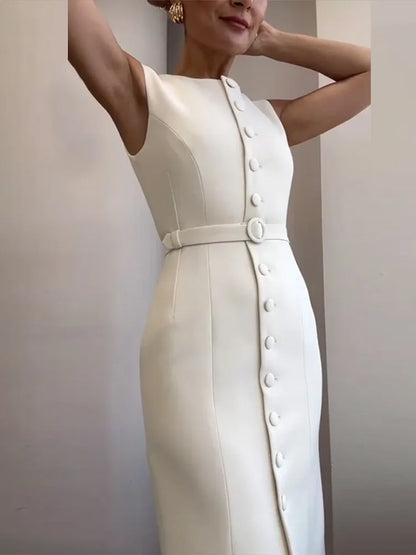 Women Long Dress Summer Casual Simple Solid Sleeveless Round Neck Single Breasted Dresses Nipped Waist Lace Up Robe Office