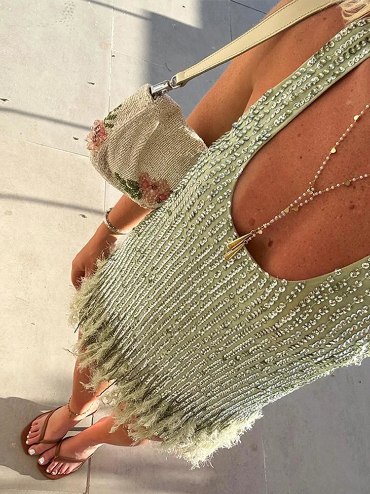 Sexy Sequin Tassel Mini Dress Women Sleeveless O-neck Feather Female Party Dresses 2025 Summer New Vacation Beach Lady Ball Gown