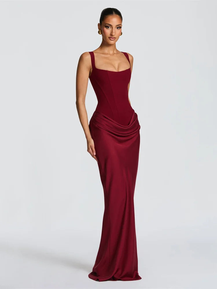 Women Solid Pleated Sling Sleeveless Dress Off-shoulder Waist Cinching Square Neck Slim Dresses Summer Evening Party Gowns 2026