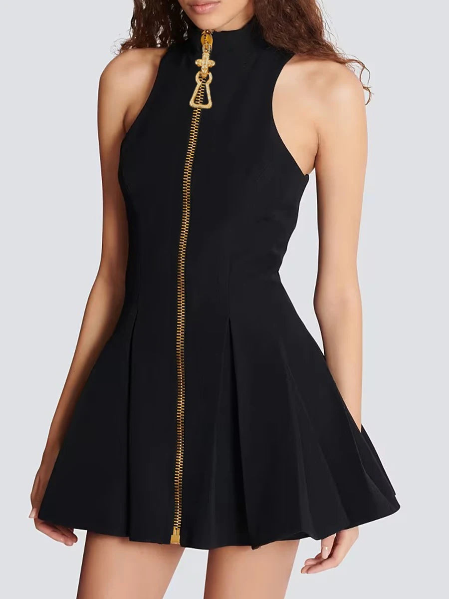 TWOTWINSTYLE Slimming Spliced Zipper Fashion Mini Dresses for Women High Neck Sleeveless High Waist Patchwork Folds Dress Female
