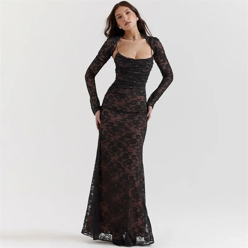 Ivory Lace Prom Dress 2 Pieces Set Sexy Srap Party Evening Dresses+Full Sleeves Outfit Formal Tie Up Back Long Robe Vestido