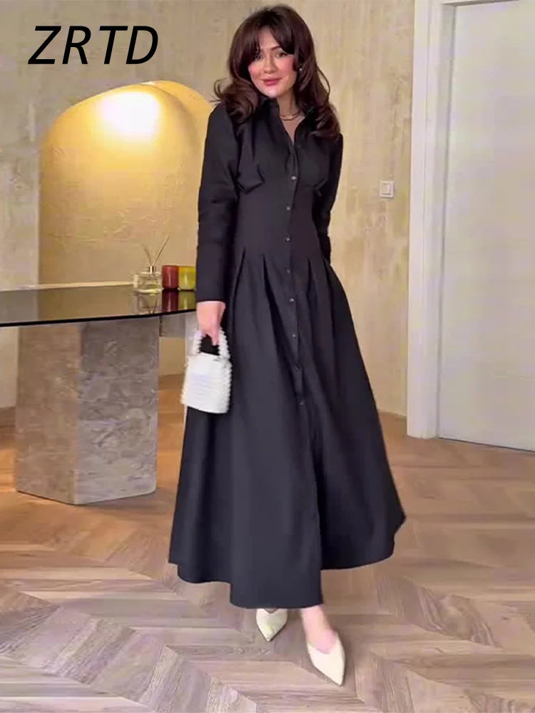 Elegant Single Breasted Long Dress Women Slim Waist Lapel Full Sleeve A-line Party Dresses 2025 Summer Lady Solid Holiday Robes