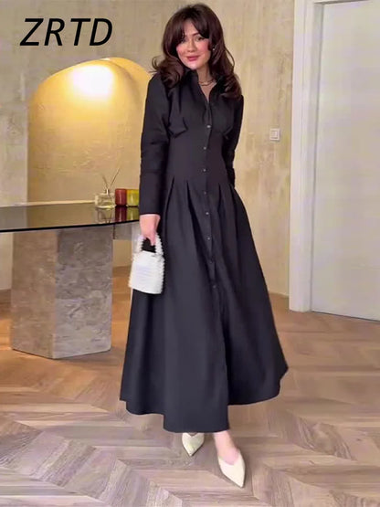 Elegant Single Breasted Long Dress Women Slim Waist Lapel Full Sleeve A-line Party Dresses 2025 Summer Lady Solid Holiday Robes