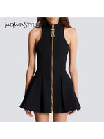 TWOTWINSTYLE Slimming Spliced Zipper Fashion Mini Dresses for Women High Neck Sleeveless High Waist Patchwork Folds Dress Female