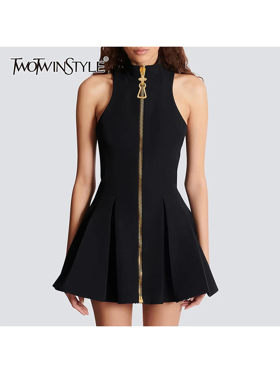 TWOTWINSTYLE Slimming Spliced Zipper Fashion Mini Dresses for Women High Neck Sleeveless High Waist Patchwork Folds Dress Female