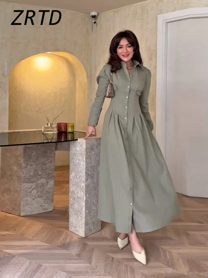 Elegant Single Breasted Long Dress Women Slim Waist Lapel Full Sleeve A-line Party Dresses 2025 Summer Lady Solid Holiday Robes