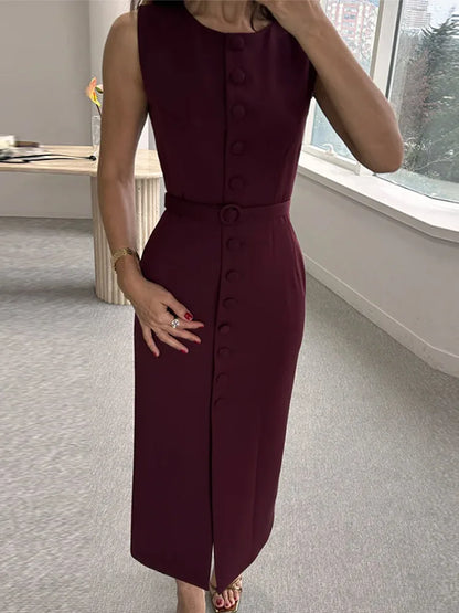 Women Long Dress Summer Casual Simple Solid Sleeveless Round Neck Single Breasted Dresses Nipped Waist Lace Up Robe Office