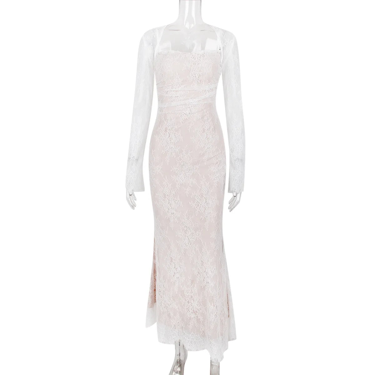 Ivory Lace Prom Dress 2 Pieces Set Sexy Srap Party Evening Dresses+Full Sleeves Outfit Formal Tie Up Back Long Robe Vestido