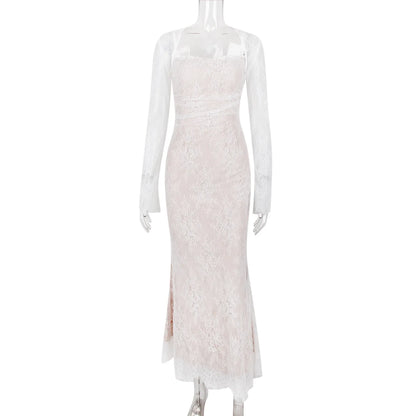 Ivory Lace Prom Dress 2 Pieces Set Sexy Srap Party Evening Dresses+Full Sleeves Outfit Formal Tie Up Back Long Robe Vestido