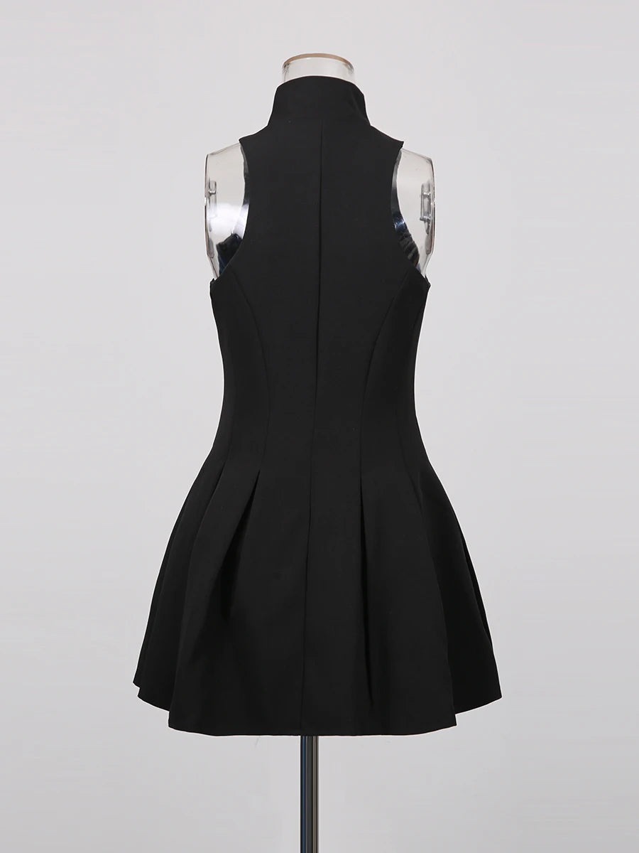TWOTWINSTYLE Slimming Spliced Zipper Fashion Mini Dresses for Women High Neck Sleeveless High Waist Patchwork Folds Dress Female