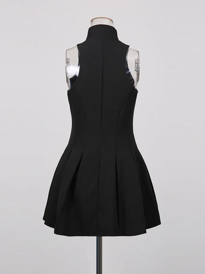 TWOTWINSTYLE Slimming Spliced Zipper Fashion Mini Dresses for Women High Neck Sleeveless High Waist Patchwork Folds Dress Female
