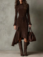 Long Dress for Women Solid Suede Long Sleeves Round Neck Maxi Dress Tie Elastic Waist Temperament Elegant High Street Dresses