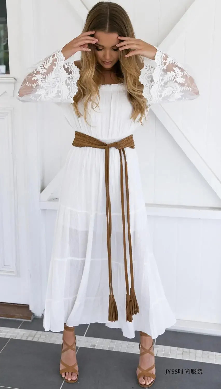 TEELYNN boho dress white sexy off the shoulder beach sundress Flare long sleeve splice lace women dresses summer vestidos