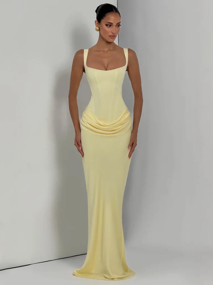 Women Solid Pleated Sling Sleeveless Dress Off-shoulder Waist Cinching Square Neck Slim Dresses Summer Evening Party Gowns 2026