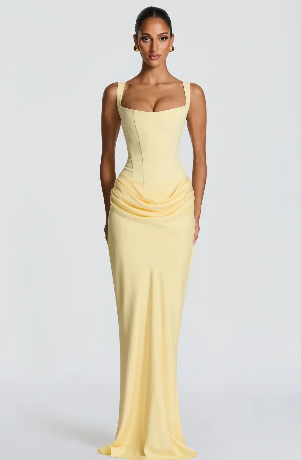 Women Solid Pleated Sling Sleeveless Dress Off-shoulder Waist Cinching Square Neck Slim Dresses Summer Evening Party Gowns 2026