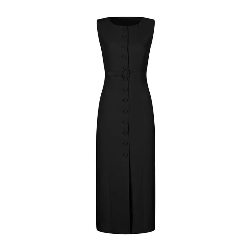 Women Long Dress Summer Casual Simple Solid Sleeveless Round Neck Single Breasted Dresses Nipped Waist Lace Up Robe Office
