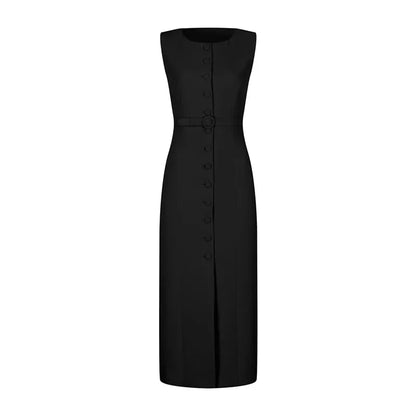 Women Long Dress Summer Casual Simple Solid Sleeveless Round Neck Single Breasted Dresses Nipped Waist Lace Up Robe Office