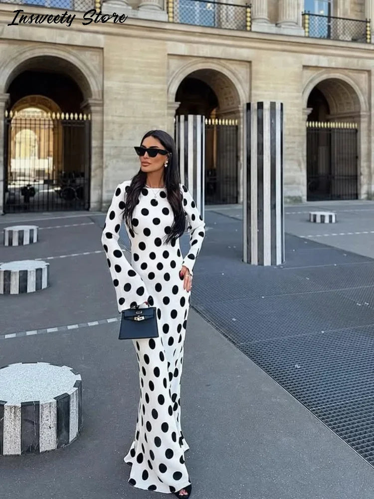 Fashion Polka Dot Dress Women's Slim Long Sleeve O-neck High-Waisted Floor-Length Dresses 2026 Spring Summer New Bohemian Robe