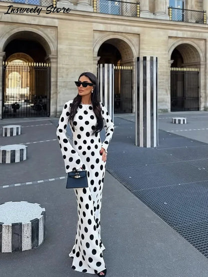 Fashion Polka Dot Dress Women's Slim Long Sleeve O-neck High-Waisted Floor-Length Dresses 2026 Spring Summer New Bohemian Robe