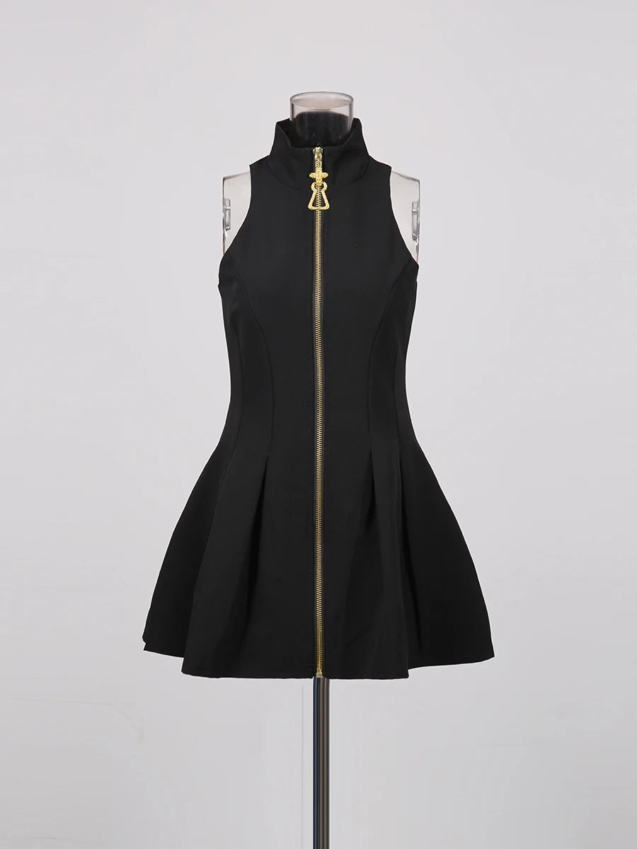 TWOTWINSTYLE Slimming Spliced Zipper Fashion Mini Dresses for Women High Neck Sleeveless High Waist Patchwork Folds Dress Female