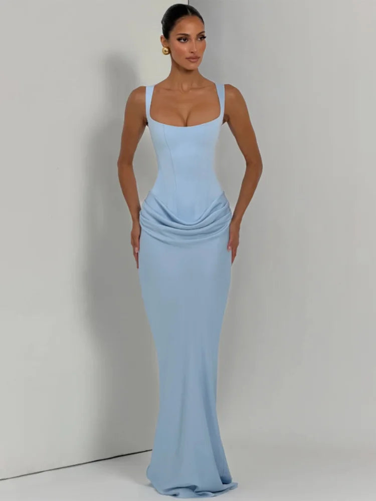 Women Solid Pleated Sling Sleeveless Dress Off-shoulder Waist Cinching Square Neck Slim Dresses Summer Evening Party Gowns 2026