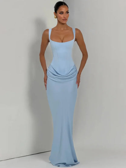 Women Solid Pleated Sling Sleeveless Dress Off-shoulder Waist Cinching Square Neck Slim Dresses Summer Evening Party Gowns 2026