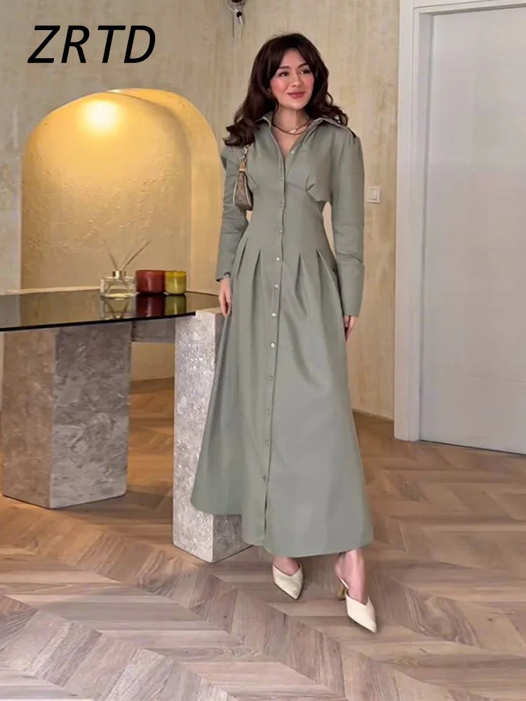 Elegant Single Breasted Long Dress Women Slim Waist Lapel Full Sleeve A-line Party Dresses 2025 Summer Lady Solid Holiday Robes