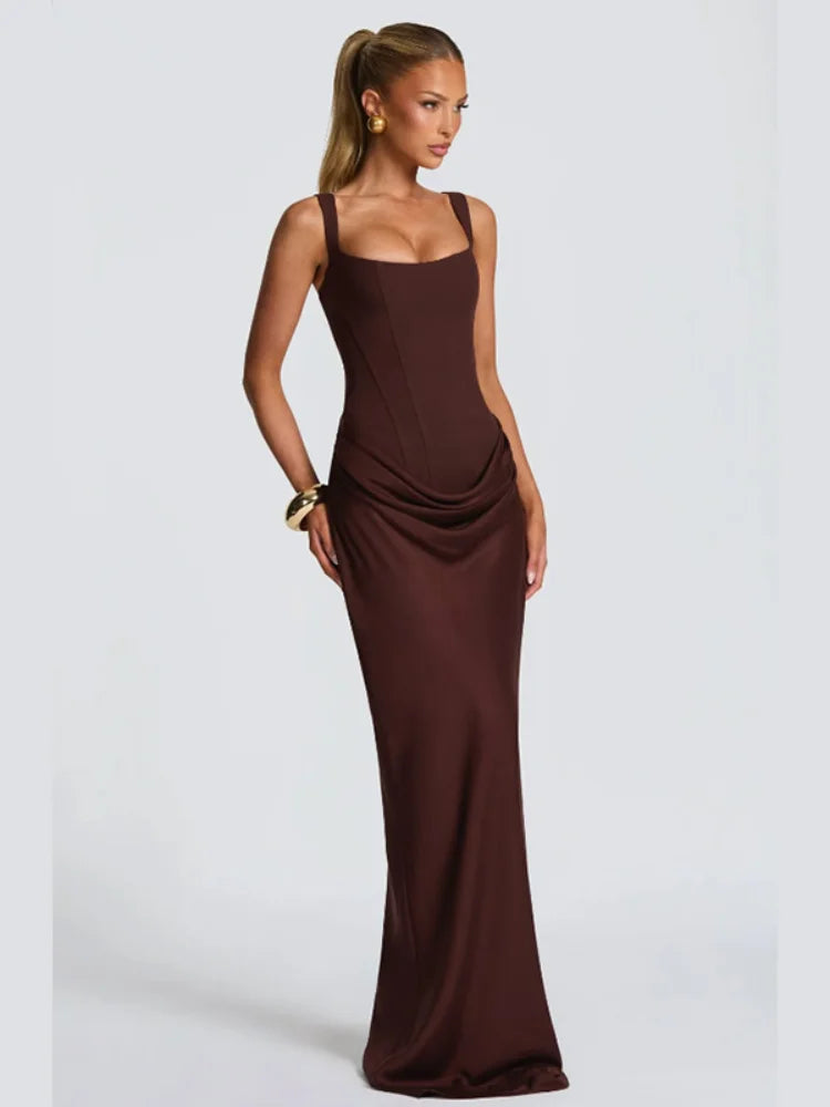 Women Solid Pleated Sling Sleeveless Dress Off-shoulder Waist Cinching Square Neck Slim Dresses Summer Evening Party Gowns 2026