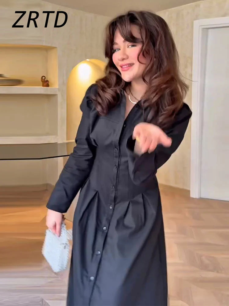 Elegant Single Breasted Long Dress Women Slim Waist Lapel Full Sleeve A-line Party Dresses 2025 Summer Lady Solid Holiday Robes