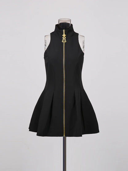 TWOTWINSTYLE Slimming Spliced Zipper Fashion Mini Dresses for Women High Neck Sleeveless High Waist Patchwork Folds Dress Female