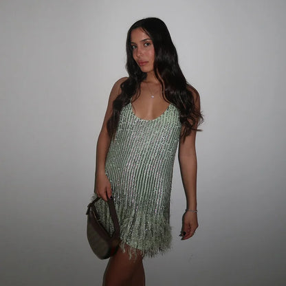 Sexy Sequin Tassel Mini Dress Women Sleeveless O-neck Feather Female Party Dresses 2025 Summer New Vacation Beach Lady Ball Gown