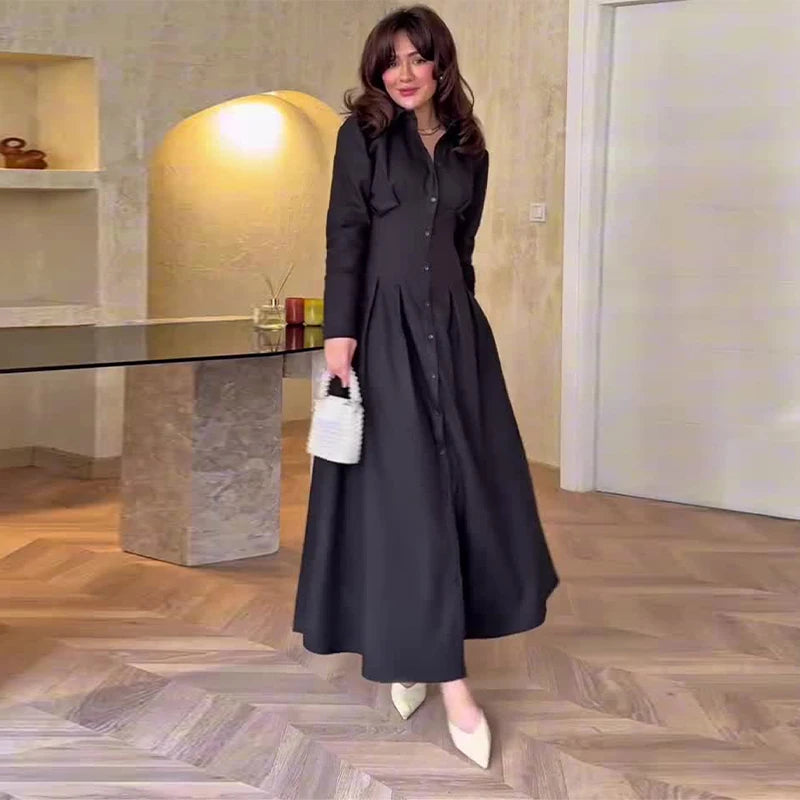 Elegant Single Breasted Long Dress Women Slim Waist Lapel Full Sleeve A-line Party Dresses 2025 Summer Lady Solid Holiday Robes
